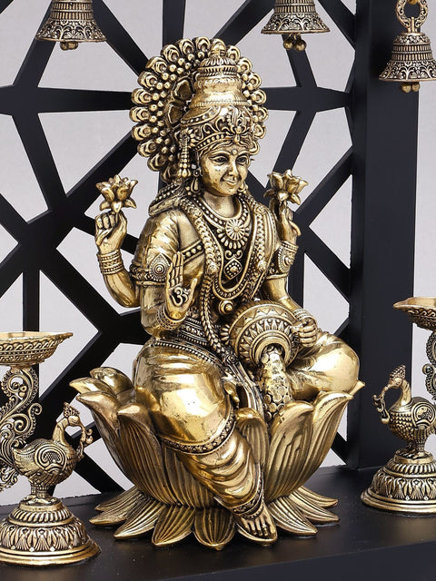 12" Superfine Goddess Lakshmi with Peacock Lamps and Bells | Brass Statue with Designer Wood Frame