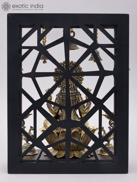 12" Superfine Goddess Lakshmi with Peacock Lamps and Bells | Brass Statue with Designer Wood Frame