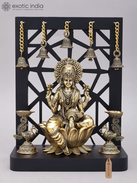 12" Superfine Goddess Lakshmi with Peacock Lamps and Bells | Brass Statue with Designer Wood Frame