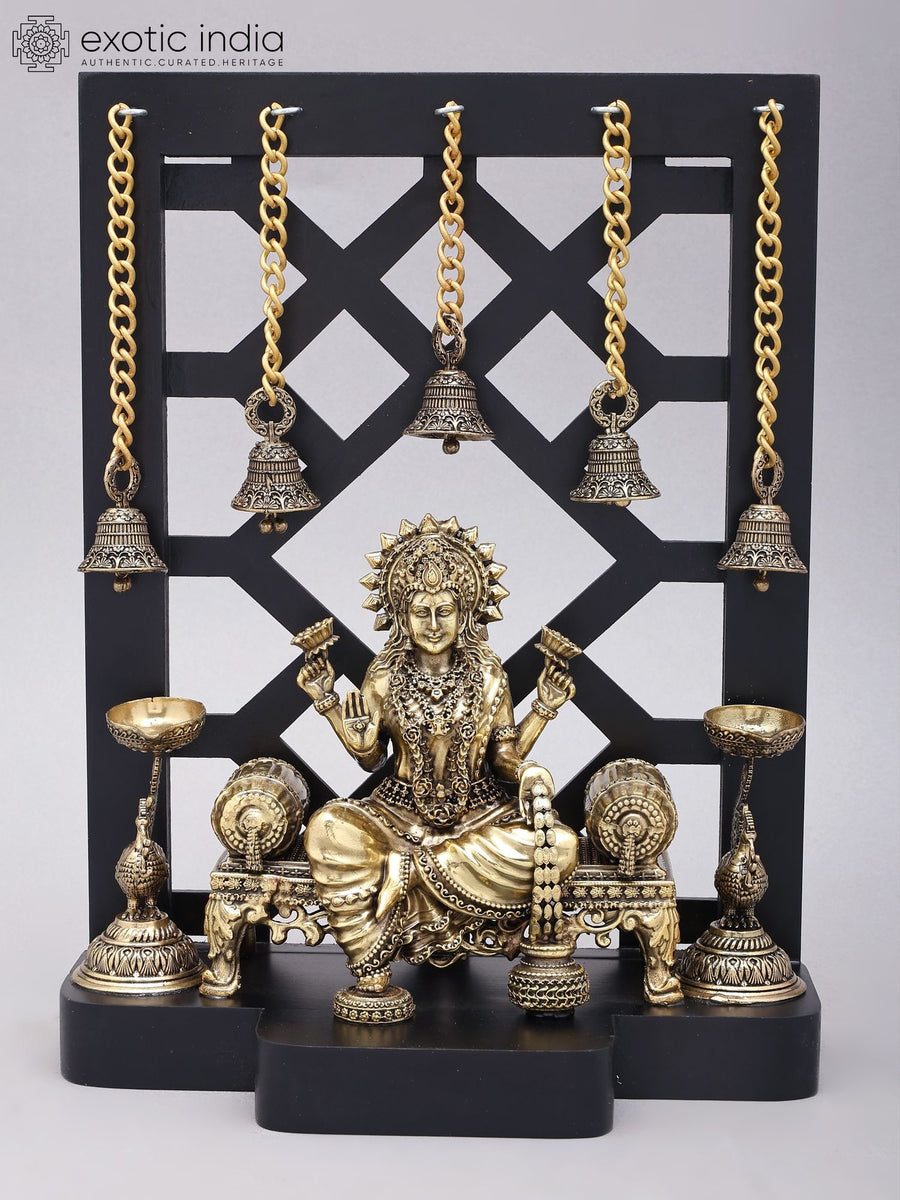 12" Four Armed Blessing Goddess Lakshmi Brass Statue with Wood Frame