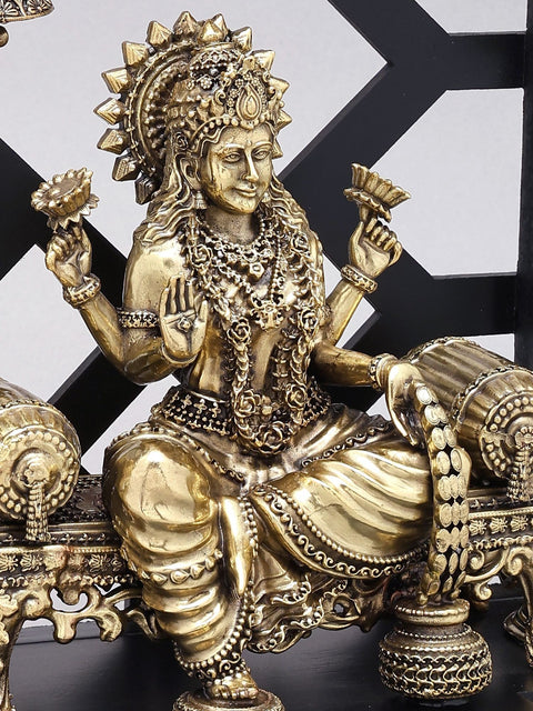 12" Superfine Four Armed Blessing Goddess Lakshmi | Brass Statue with Wood Frame