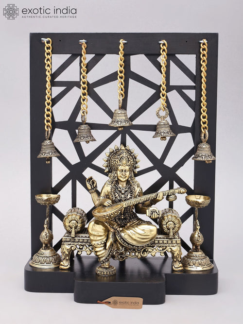 12" Handmade Goddess Saraswati Wood Statue with Bells and Lamps