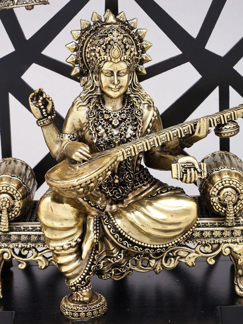 12" Designer Wood Framed Superfine Goddess Saraswati Statue with Bells and Lamps