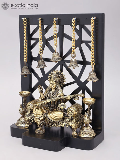 12" Designer Wood Framed Superfine Goddess Saraswati Statue with Bells and Lamps
