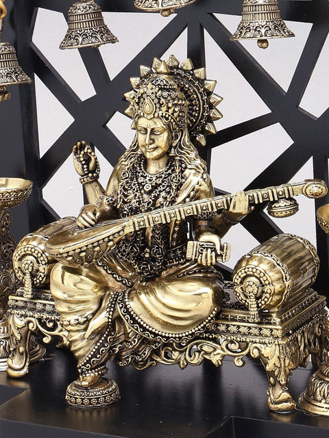 12" Designer Wood Framed Superfine Goddess Saraswati Statue with Bells and Lamps