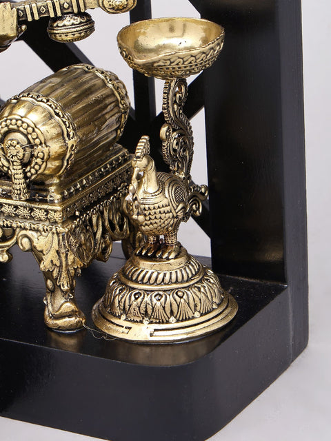 12" Designer Wood Framed Superfine Goddess Saraswati Statue with Bells and Lamps