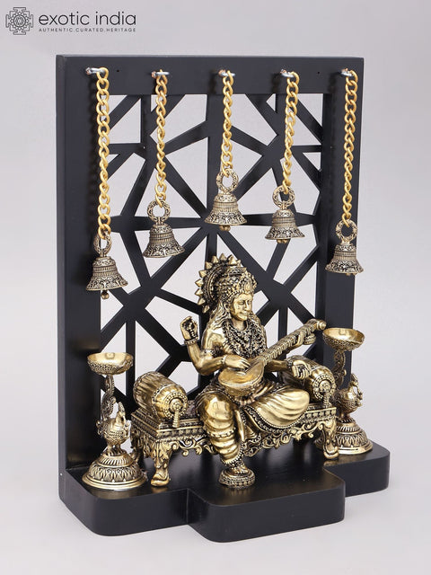12" Designer Wood Framed Superfine Goddess Saraswati Statue with Bells and Lamps