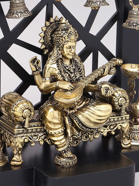12" Designer Wood Framed Superfine Goddess Saraswati Statue with Bells and Lamps