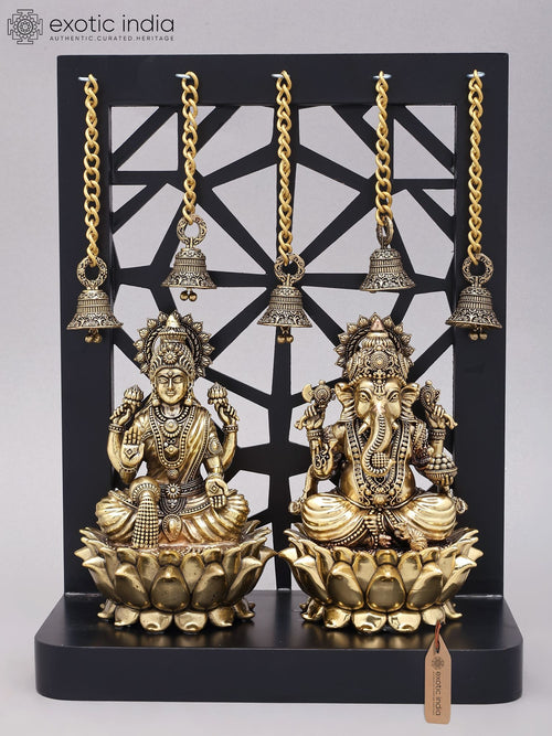 12" Lakshmi Ganesha Brass Idols with Wood Frame for Home Pooja