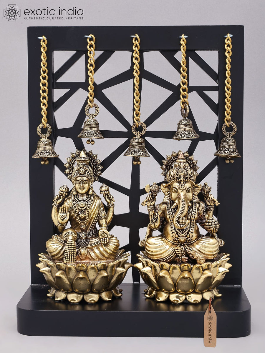 12" Lakshmi Ganesha Brass Idols with Wood Frame for Home Pooja