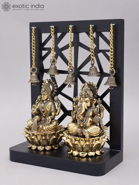 12" Superfine Lakshmi Ganesha Brass Idols on Designer Wood Frame