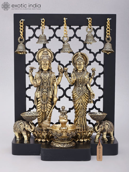 12" Handmade Standing Lakshmi-Narayan Brass Statue Wood Framed