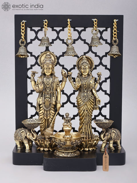12" Superfine Standing Lakshmi-Narayan (Vishnu-Lakshmi) | Wood Framed Brass Statues