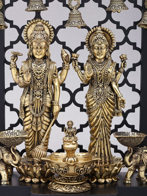 12" Superfine Standing Lakshmi-Narayan (Vishnu-Lakshmi) | Wood Framed Brass Statues