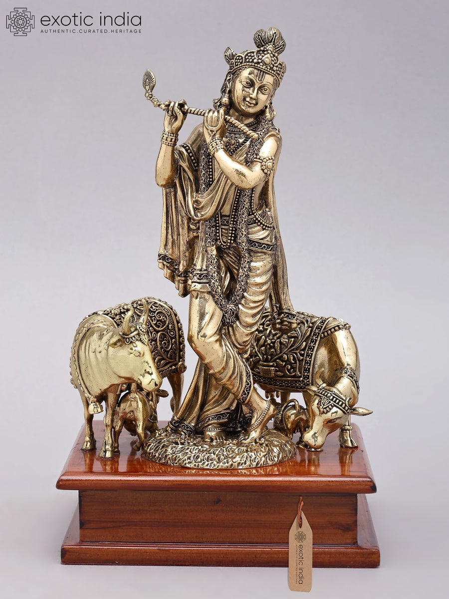 9" Lord Krishna with Cow and Calf Handmade Brass Statue