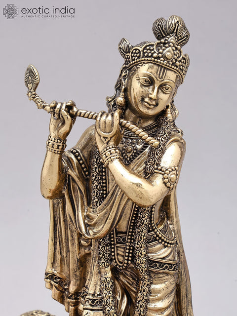 9" Superfine Fluting Lord Krishna with Cow and Calf | Brass Statue on Wood Base