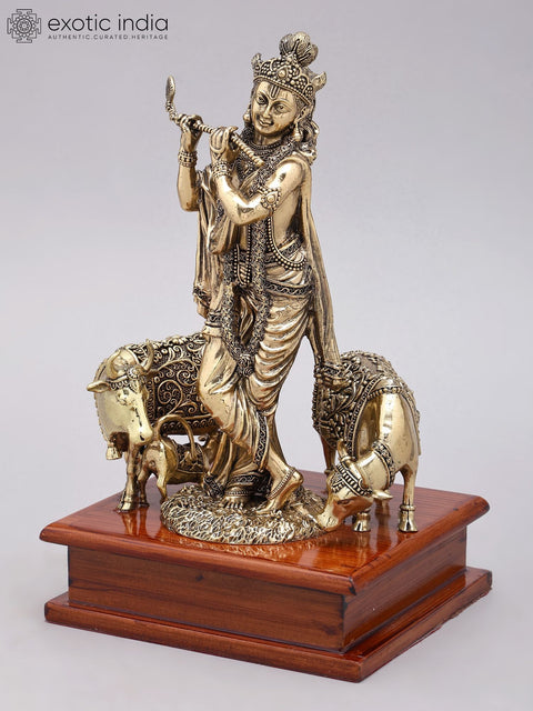 9" Superfine Fluting Lord Krishna with Cow and Calf | Brass Statue on Wood Base