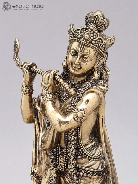 9" Superfine Fluting Lord Krishna with Cow and Calf | Brass Statue on Wood Base