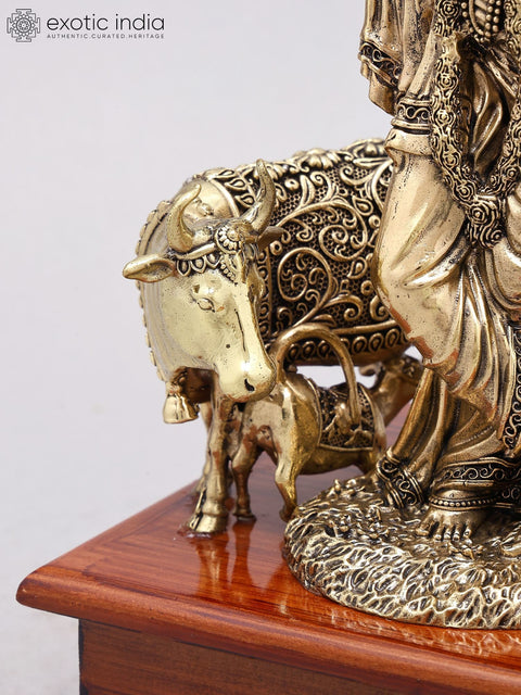 9" Superfine Fluting Lord Krishna with Cow and Calf | Brass Statue on Wood Base