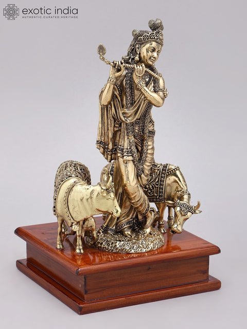9" Superfine Fluting Lord Krishna with Cow and Calf | Brass Statue on Wood Base