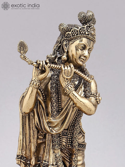 9" Superfine Fluting Lord Krishna with Cow and Calf | Brass Statue on Wood Base