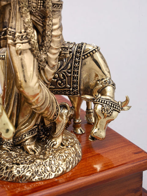 9" Superfine Fluting Lord Krishna with Cow and Calf | Brass Statue on Wood Base
