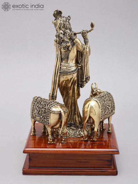 9" Superfine Fluting Lord Krishna with Cow and Calf | Brass Statue on Wood Base