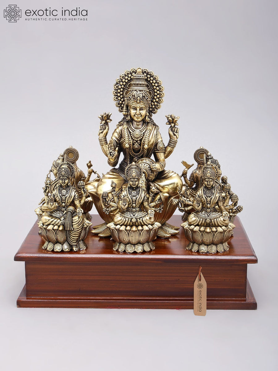 8" Handmade Brass Ashtalakshmi Statue with Wood Base for Pooja
