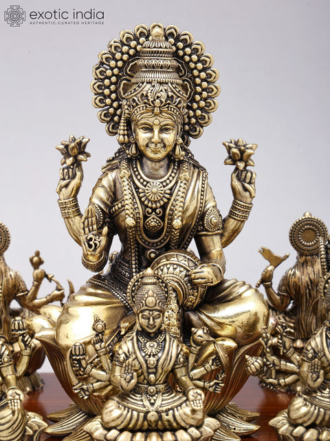 8" Superfine Brass Ashtalakshmi Statues on Wood Base