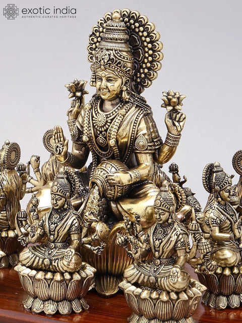 8" Superfine Brass Ashtalakshmi Statues on Wood Base