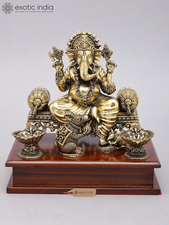 7" Ganapati on Singhasana Handmade Brass Statue with Wood Base