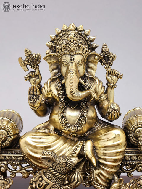 7" Superfine Bhagawan Ganapati Seated on Singhasana | Brass Statue on Wood Base