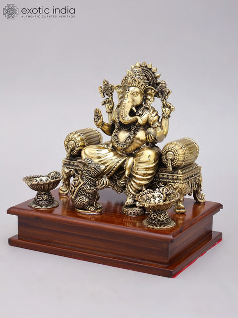 7" Superfine Bhagawan Ganapati Seated on Singhasana | Brass Statue on Wood Base