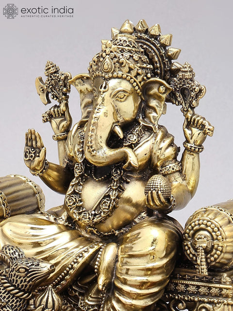 7" Superfine Bhagawan Ganapati Seated on Singhasana | Brass Statue on Wood Base