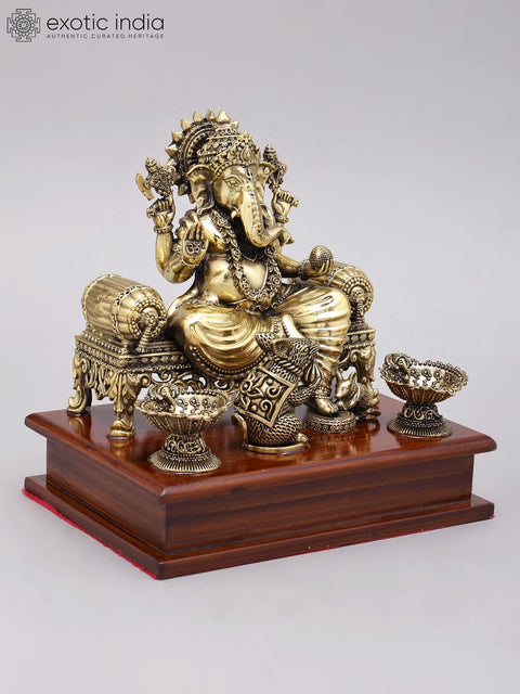 7" Superfine Bhagawan Ganapati Seated on Singhasana | Brass Statue on Wood Base