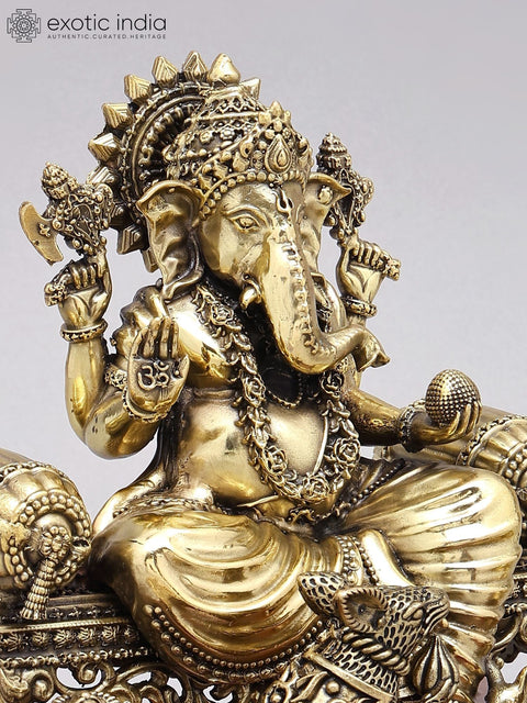 7" Superfine Bhagawan Ganapati Seated on Singhasana | Brass Statue on Wood Base