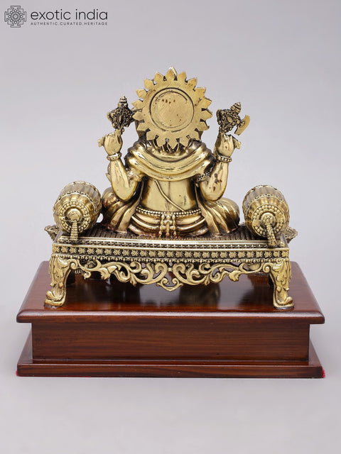 7" Superfine Bhagawan Ganapati Seated on Singhasana | Brass Statue on Wood Base