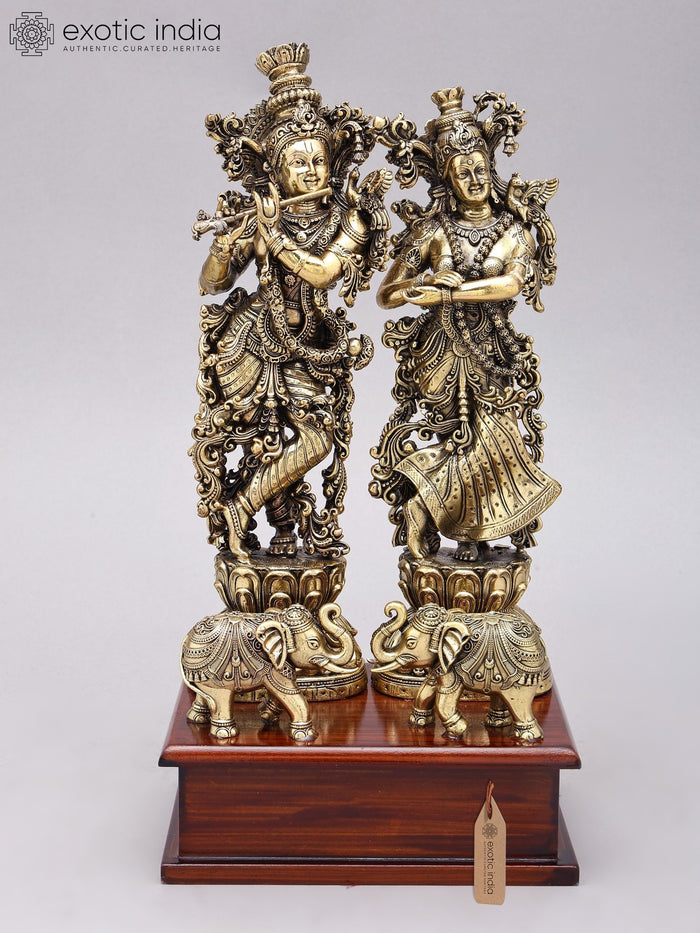 12" Standing Radha Krishna Handmade Brass Idols with Wood Base