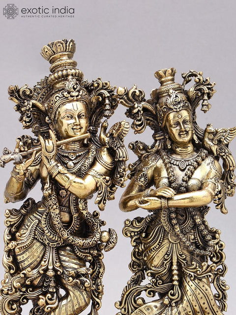 12" Superfine Standing Radha Krishna Brass Idols on Wood Base