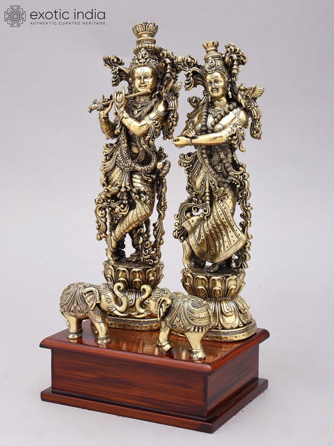 12" Superfine Standing Radha Krishna Brass Idols on Wood Base