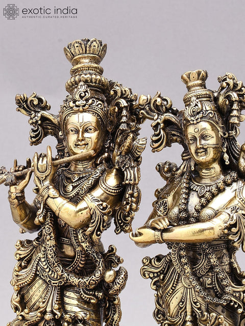 12" Superfine Standing Radha Krishna Brass Idols on Wood Base