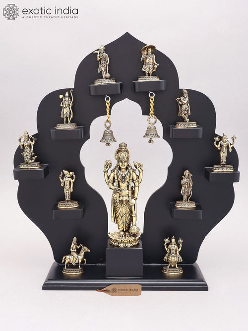 17" Handmade Dashavatara Lord Vishnu Brass Statue with Wood Frame