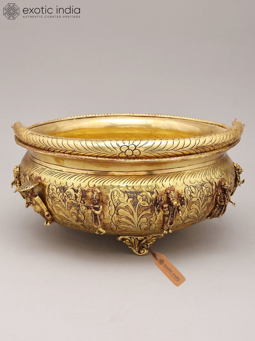 10" Brass Dashavatara Urli Bowl with Handle for Pooja