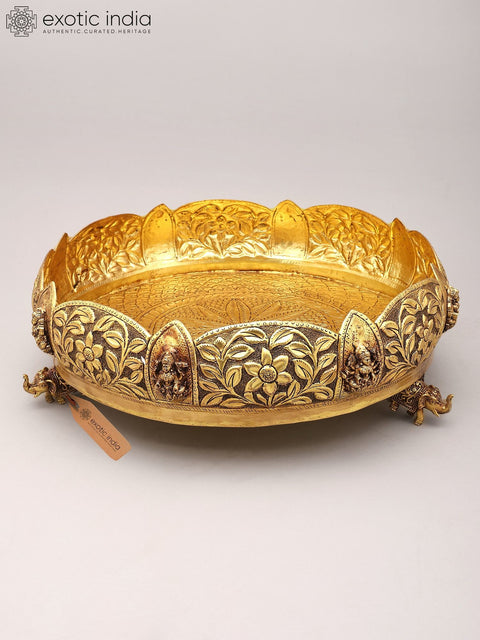13" Designer Brass Ashtalakshmi Urli with Floral Carving and Elephant Legs