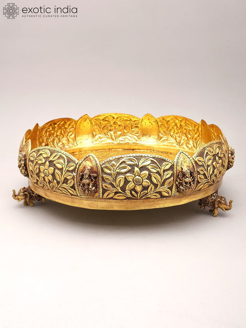 13" Designer Brass Ashtalakshmi Urli with Floral Carving and Elephant Legs