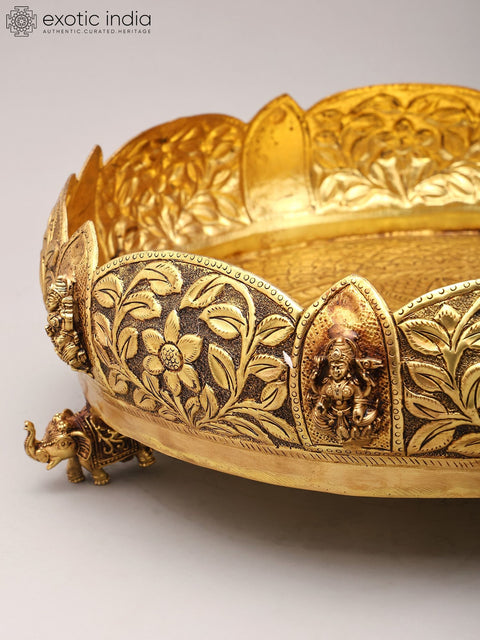 13" Designer Brass Ashtalakshmi Urli with Floral Carving and Elephant Legs