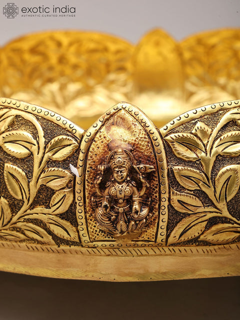13" Designer Brass Ashtalakshmi Urli with Floral Carving and Elephant Legs