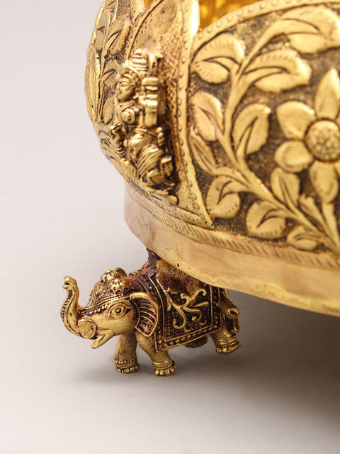 13" Designer Brass Ashtalakshmi Urli with Floral Carving and Elephant Legs