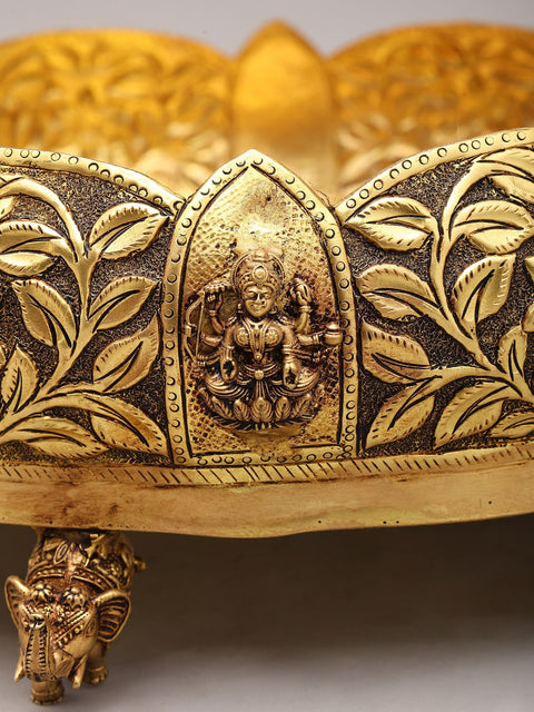 13" Designer Brass Ashtalakshmi Urli with Floral Carving and Elephant Legs