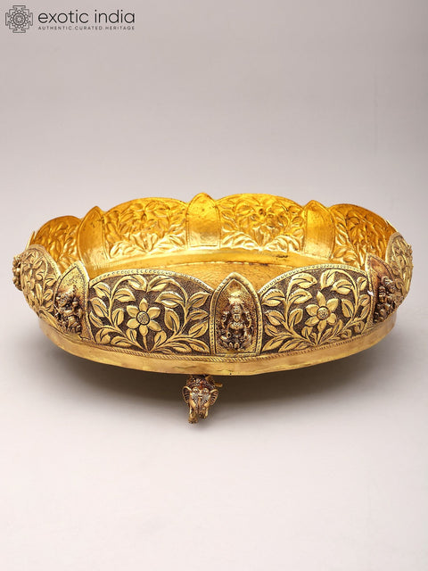 13" Designer Brass Ashtalakshmi Urli with Floral Carving and Elephant Legs